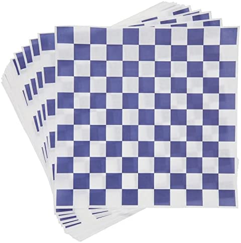 300 Pack Checkered Wax Paper Sheets for Sandwiches, Blue and White Deli Basket Liner (12x12 In)