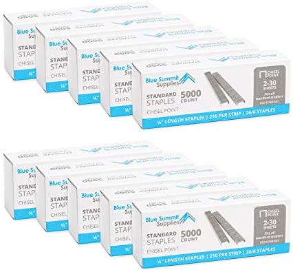 50,000 Staples, Standard 1/4 Inch Length and 210 Staples per Strip, 26/6, Jam Free Sharp Chisel Point Design, 10 Boxes of 5,000 Staples, 50,000 Staples Total, Fits Standard Staplers