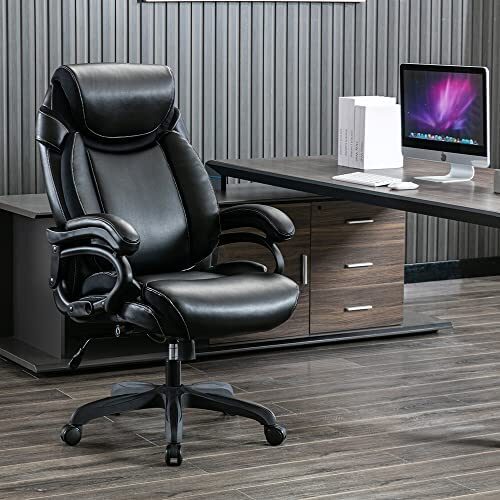 AISALL Big and Tall Office Chair 400lb with Adjustable Built-in Lumbar Support, Heavy Duty Metal Base and Tilt Angle Leather Ergonomic Swivel High Back Executive Computer Chair for Heavy People, Black