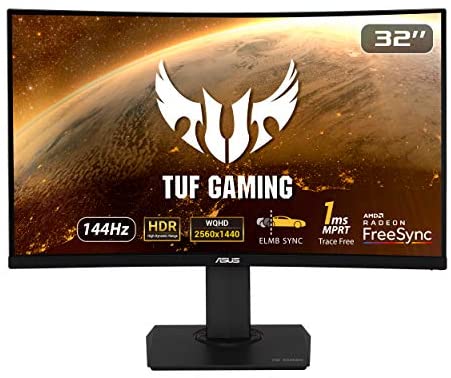 ASUS TUF Gaming 32" 1440P HDR Curved Monitor (VG32VQ) - QHD (2560 x 1440), 144Hz, 1ms, Extreme Low Motion Blur, Speaker, Adaptive-Sync, FreeSync Premium, VESA Mountable, DisplayPort, HDMI
