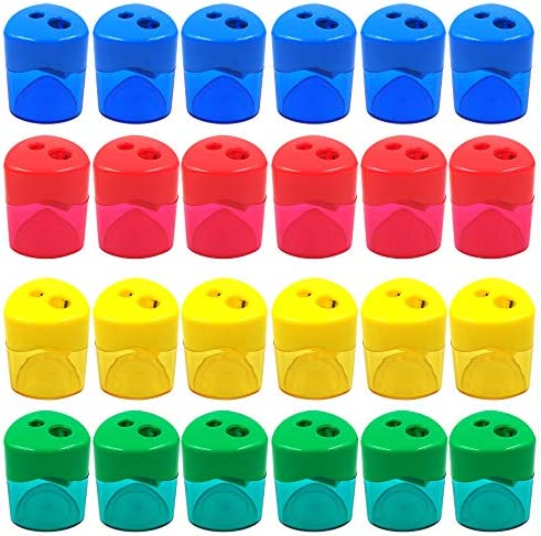 AUSTARK 24Pcs Pencil Sharpener Manual, Assorted Color Small Dual Hole Pencil Sharpeners Bulk with Lid for School Office Home (Triangle-24)