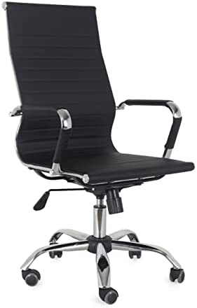 Comfty Mid Back and Chrome Base Ribbed Leather Swivel Office Chair, 40.55”-43.7”, Black