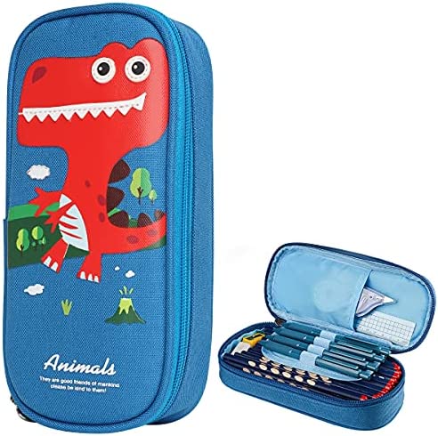Cute Cartoon Pencil Case for Boys, Big Capacity Canvas Kawaii Pencil Pouch with Zipper, Waterproof & Durable Compartment Large Storage Pencil Bag for Kids Girls in School(Lihgt Blue - Dinosaur)