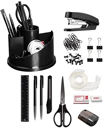 Deli 15 Pcs Office Supplies Kit with Desk Organizer, Desk Accessories Set with Staple, Sharpener, Scissors, Binder Clips