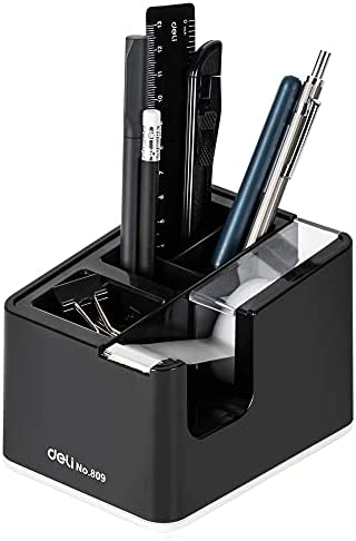 Deli Desktop Tape Dispenser, Desk Tape Dispenser with Pen Holder for Office School Home, Weighted Non-Skid Base, Fits 1" Core, Black