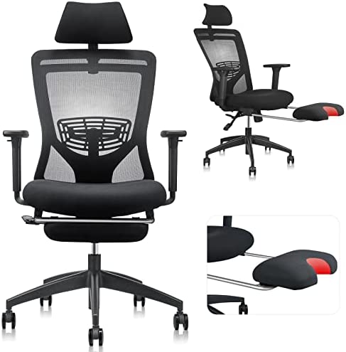 Ergonomic Office Chair with Footrest Support, LMIKAF High Back Desk Chair with 5D Padded Armrest, Lumbar Support, Thick Seat Cushion and Adjustable Headrest - 135° Rocking Mesh Computer Chair