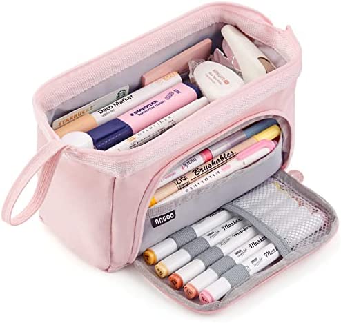 HVOMO Pencil Case Large Capacity Pencil Pouch Handheld Pen Bag Cosmetic Portable Gift for Office School Teen Girl Boy Men Women Adult (Pink)
