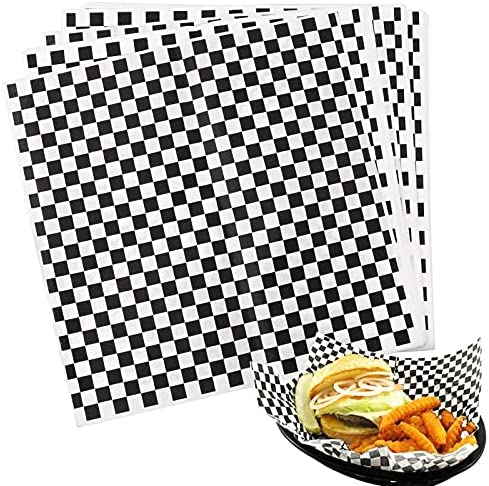 Hslife 100 Sheets Black and White Checkered Dry Waxed Deli Paper Sheets, Paper Liners for Plastic Food Basket, Wrapping Bread and Sandwiches(11''x11.6'')