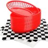 Kingrol 30 Red Oval Fast Food Baskets w/ 250 Checkered Deli Liners, 8.9 x 5.6 x 1.5 Inch Plastic Platter, Storage Basket Bin for Home, Office, School, Picnic