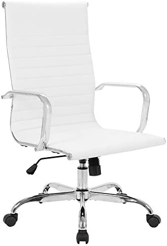LANDSUN Modern High Back Office Chair Leather Ribbed Swivel Tilt Adjustable Home Computer Desk Chair with Armrest Executive Ergonomic White