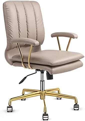LEAGOO PU-Padded Office Desk Chair, 130° Tiltable Mid-Back Ergonomic Chair Computer Chair, Swivel Executive Office Chair, Home Office Desk Chairs with Upholstered Armrest & Thickened Cushion