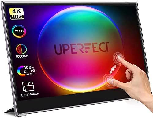 OLED Portable Monitor 4K Touchscreen Battery, UPERFECT 15.6'' UHD 10Bit 100% DCI-P3 100000:1 Color, 10-Point Touch, Gravity Sensor Auto Rotate, 5000mAh Battery, Achieve True Portable Screen on Travel